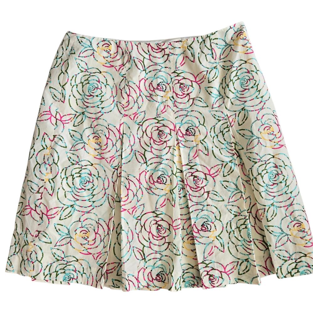Vintage 90s Lilly Pulitzer Silk Skirt Floral Spring Pleated Claire Ivory Women 8